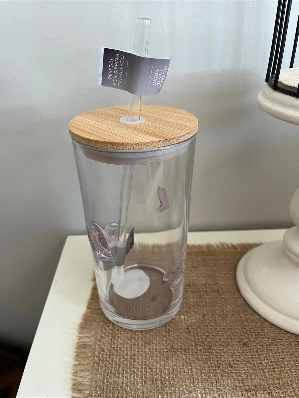 Clear Acrylic Tumbler with Bamboo Lid and Pink Accent Designs
